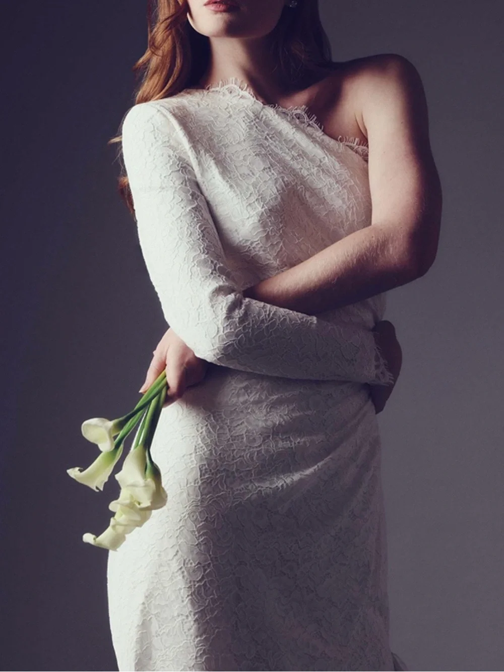 House of Renhue Bruni One-Shoulder Ivory‎ Lace Wedding Gown Drop Waist Size 8